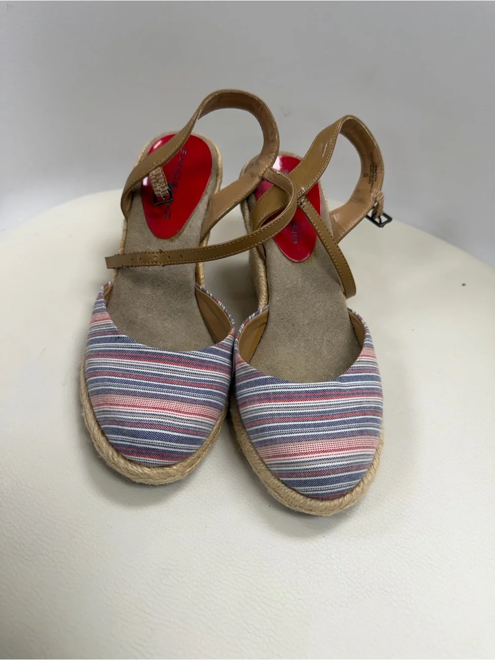 Classic Bandolino Striped Canvas Espadrille Wedges in Navy, White, Pink